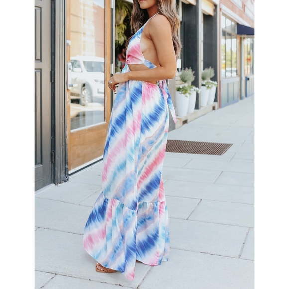 . Rainbow Sunset Colorful Tie Dye Colorful Cutout Tie Maxi Dress - Picture 4 of 9